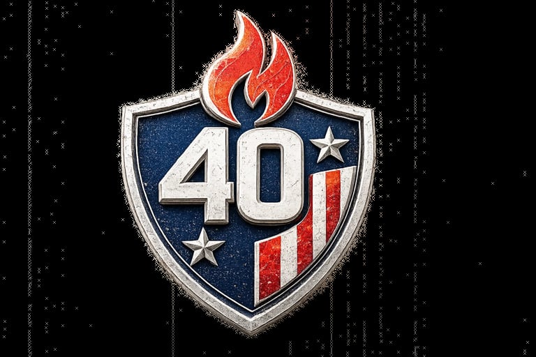 40 shield logo with red flame, stars, and red stripe on dark textured background