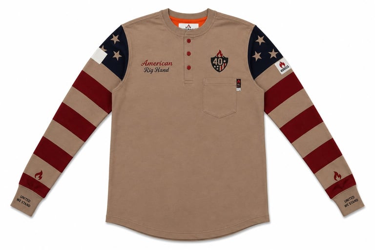 Tan long-sleeve henley shirt with American flag striped sleeves, pocket, and patriotic embroidery