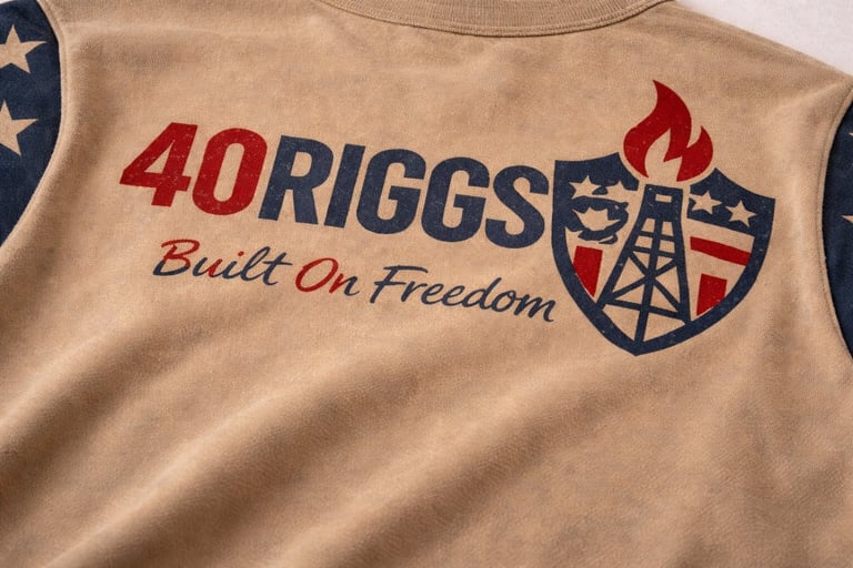 Tan t-shirt featuring the 40 RIGGERS logo with oil derrick and American flag shield, with Built On Freedom text