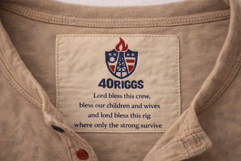 Interior label showing 40RIGGS logo with prayer or blessing about crew, children, wives, and oil rig