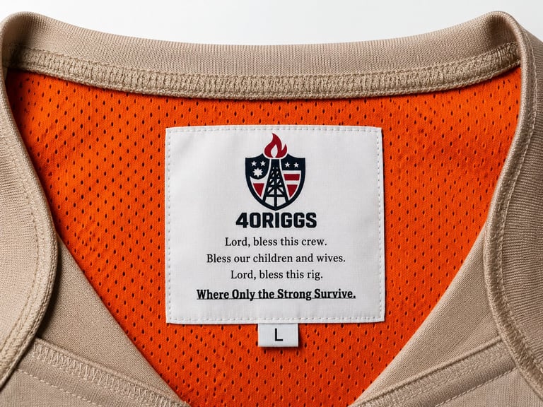 Close-up of 40RIGGS brand label on orange mesh athletic fabric with beige trim and size L tag