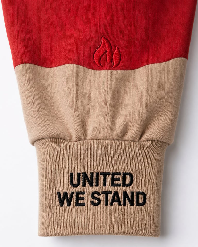 Red and beige sweater with embroidered flame logo and United We Stand text on cuff