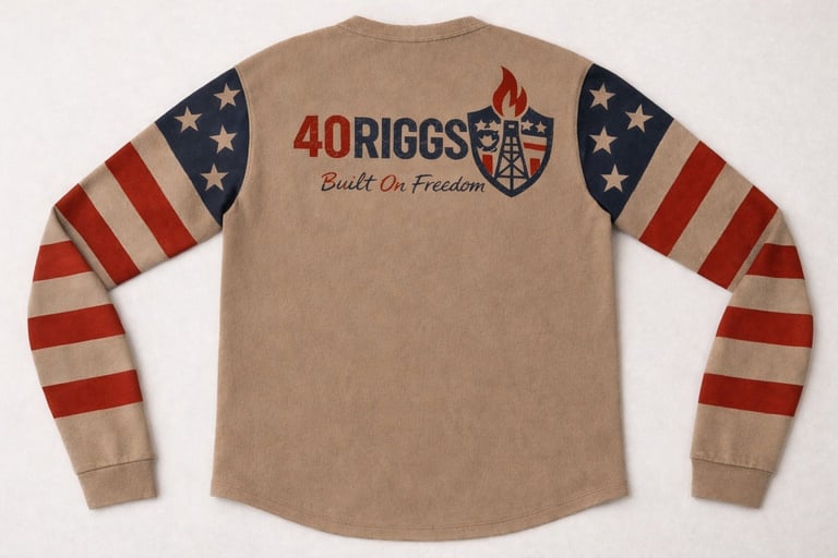 Tan long-sleeve shirt showcasing 40th Rig Hand Built On Freedom logo with American flag striped sleeves