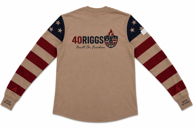 Tan long-sleeve shirt with 40 Riggs logo and American flag striped sleeves